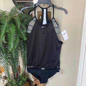 Brand New Nike Two-Piece Black White Striped Racerback Layered Tankini Swimsuit